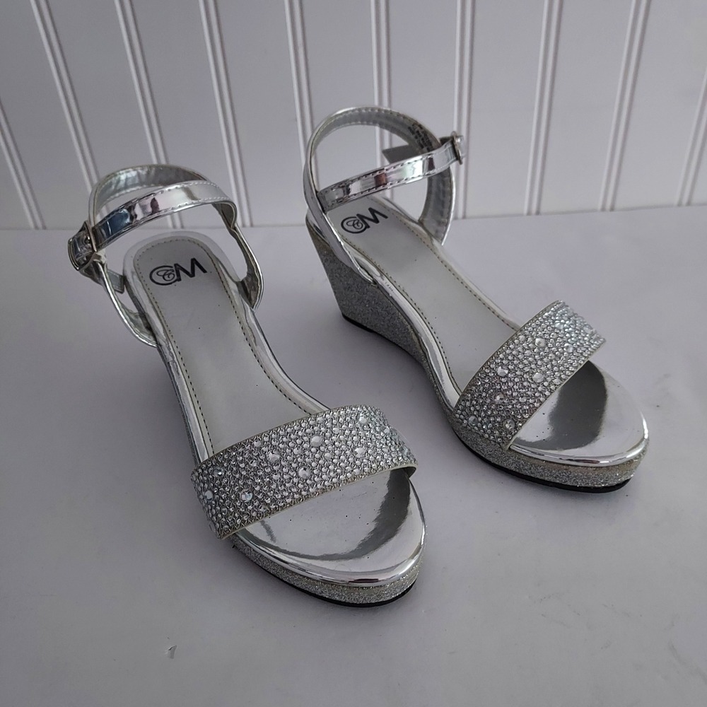 Chelsea Moreland Wedges Girls Size 2 Silver Ankle Strap Open Toe Glitter Jewel
